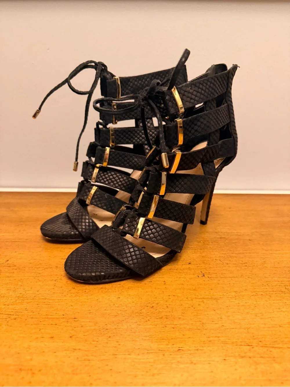 Vince Camuto Black Textured Lace-Up Cage Heels with Gold Accents